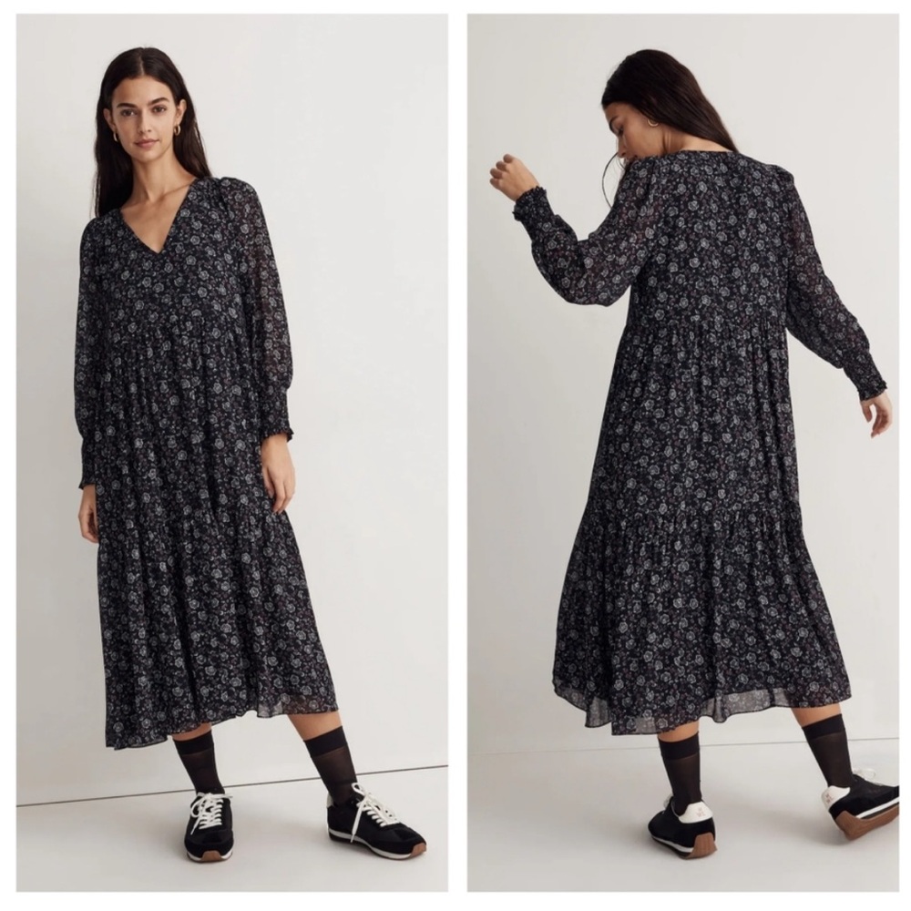 Madewell Enchanted Floral Long Sleeve Georgette V-Neck Tiered Midi Dress
